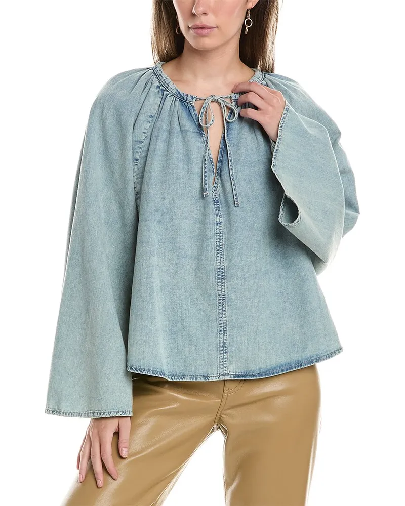 Frame Denim Shirred Linen-Blend Blouse Blue