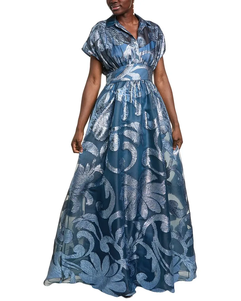 Lela Rose Metallic Floral Fil Coupe Silk-Blend Gown Blue