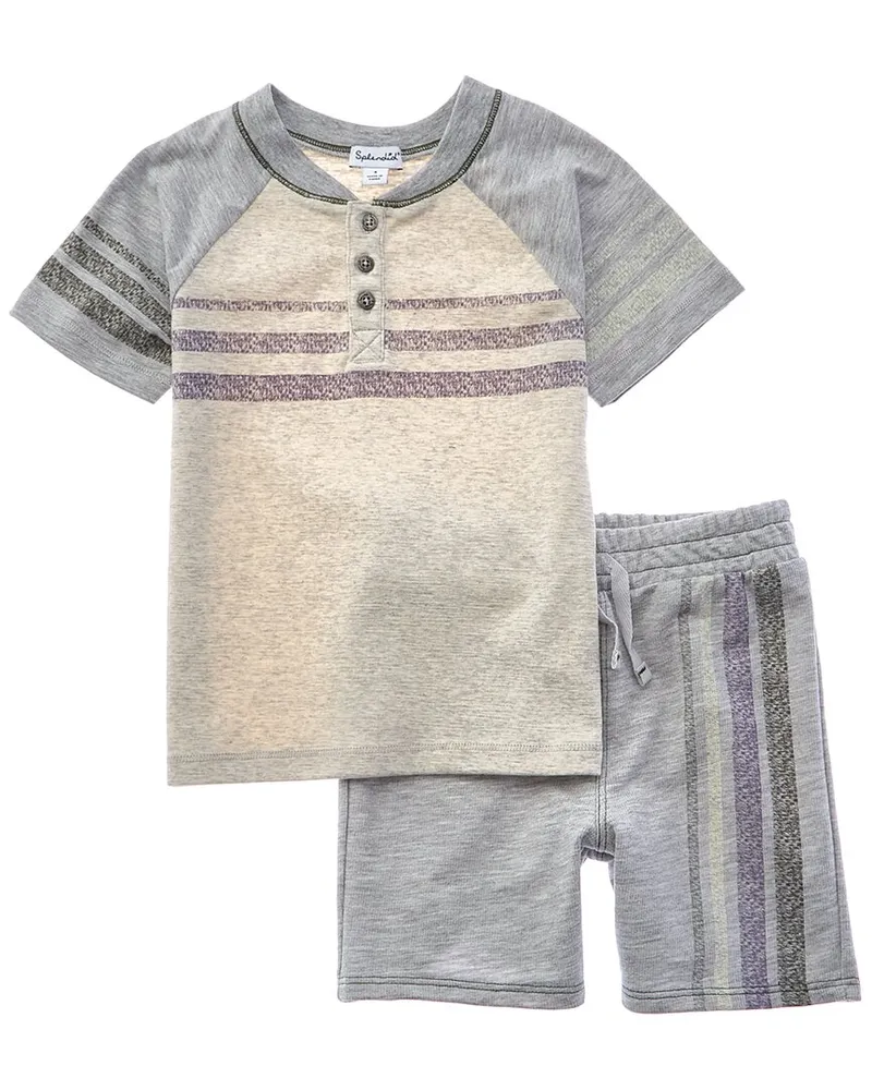 Splendid 2pc Striped Henley Shirt & Short Set Gray