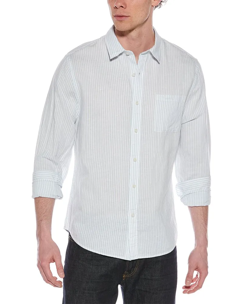 Vince Stripe Linen-Blend Button-Down Shirt Blue