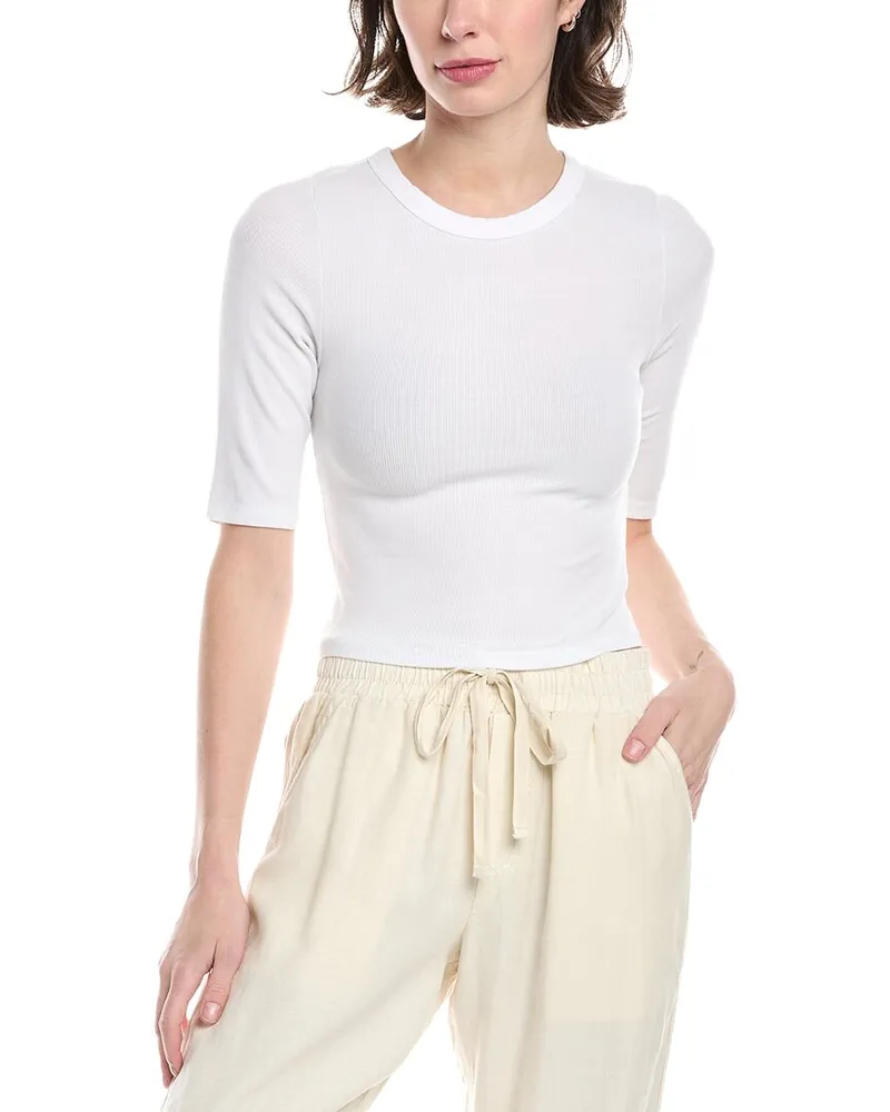 Enza Costa Rib Cropped Half-Sleeve Silk-Blend Top White