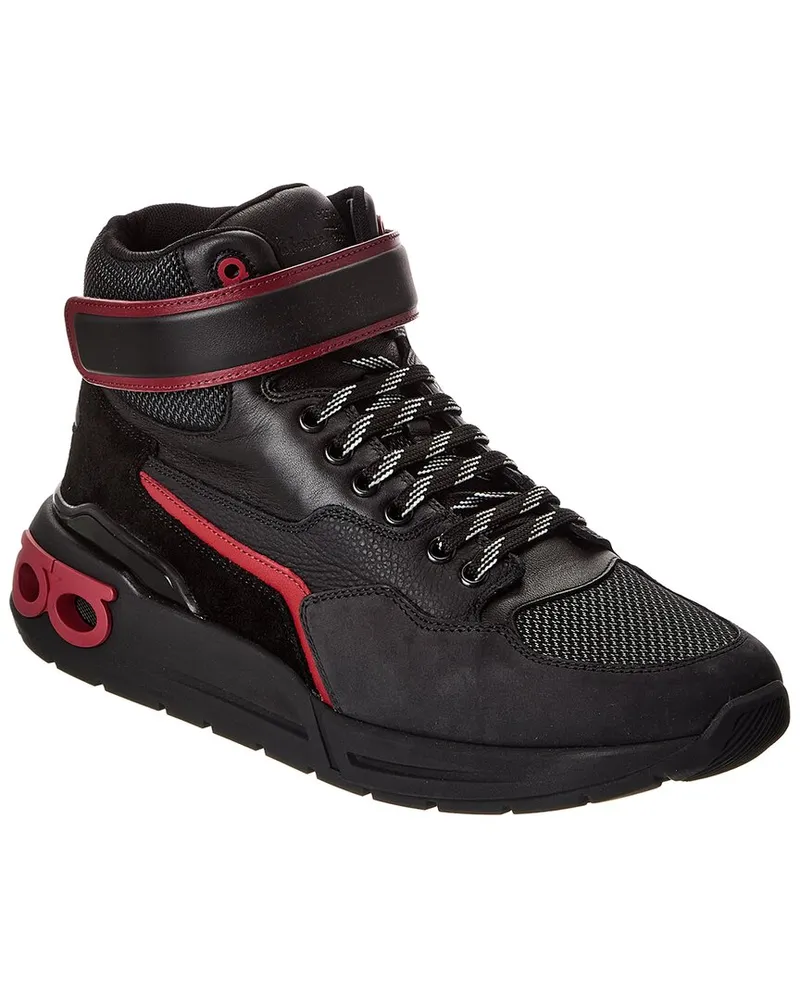 Ferragamo Cosma Leather & Mesh High-Top Sneaker Black
