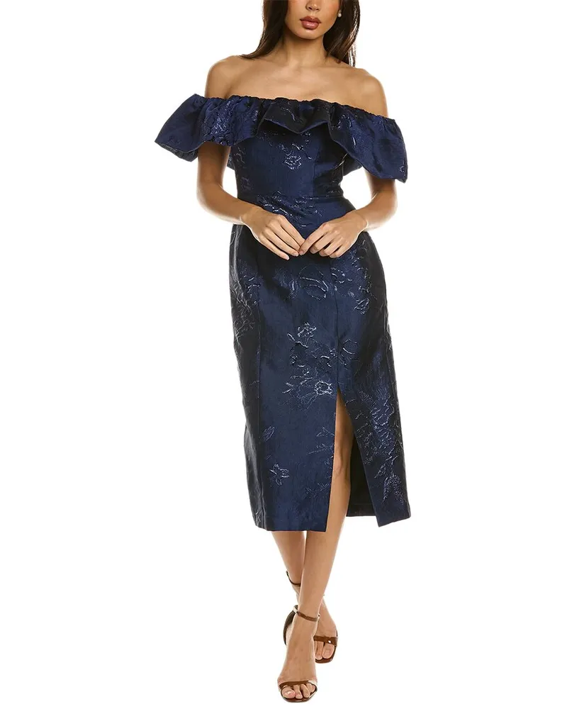 Monique Lhuillier Off-The-Shoulder Midi Dress Blue