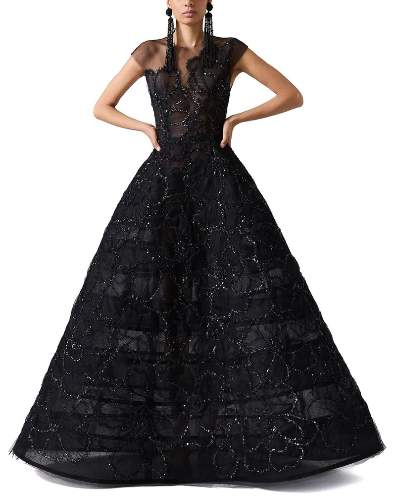 Carolina Herrera New York Embellished Crewneck A-Line Gown Black