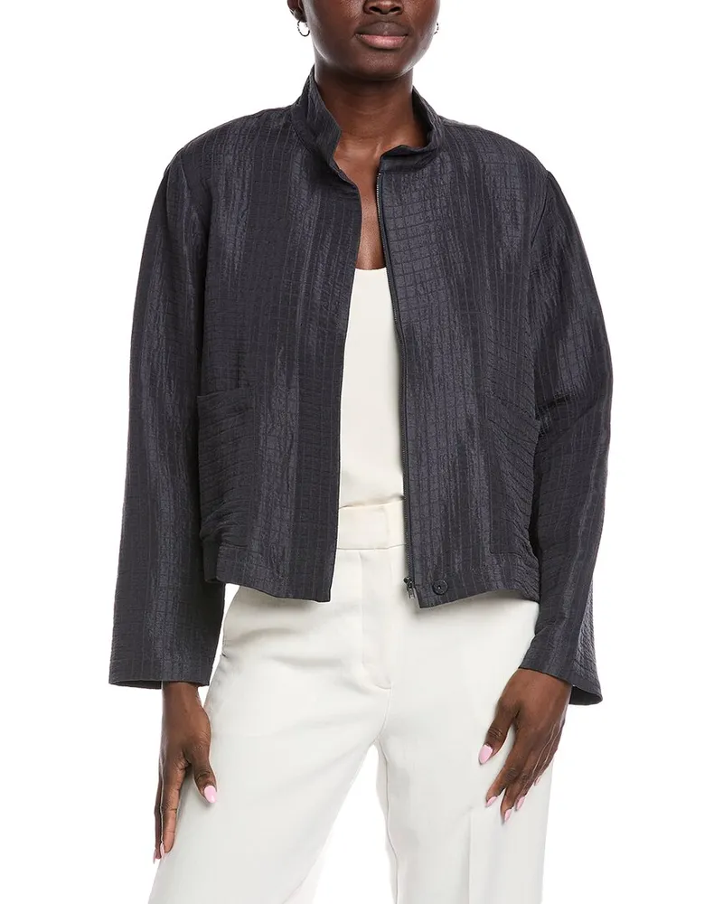Eileen Fisher Stand Collar Silk & Linen-Blend Jacket Grey