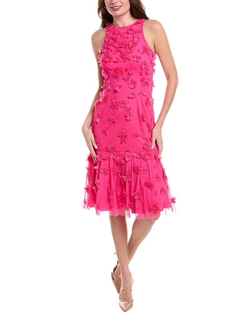 Aidan Mattox Floral Applique Embellished Midi Dress Pink