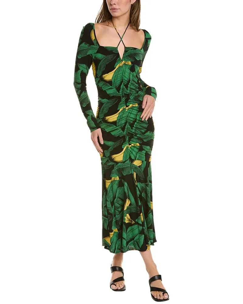 Ganni Printed Drapey Jersey Gathering Midi Dress Black