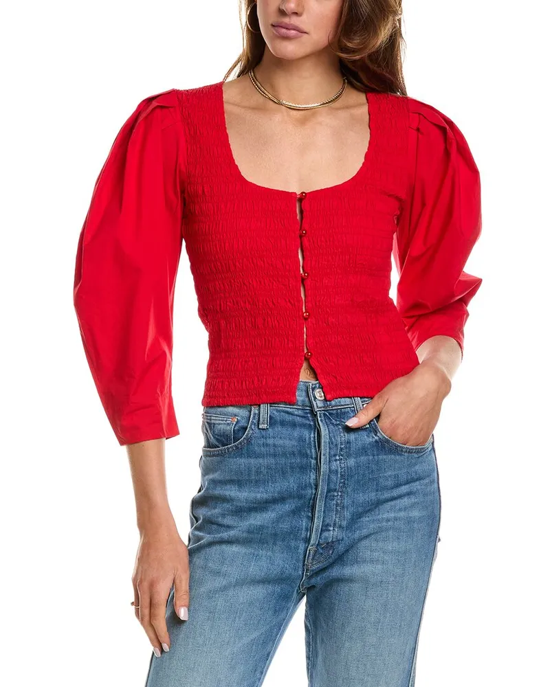 Ganni Poplin Smocked Blouse Red