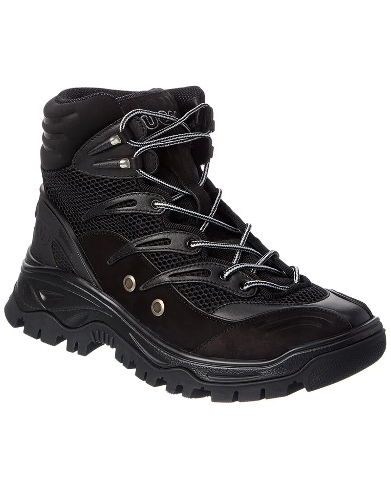 Gucci Lace-Up Leather & Mesh Boot Black