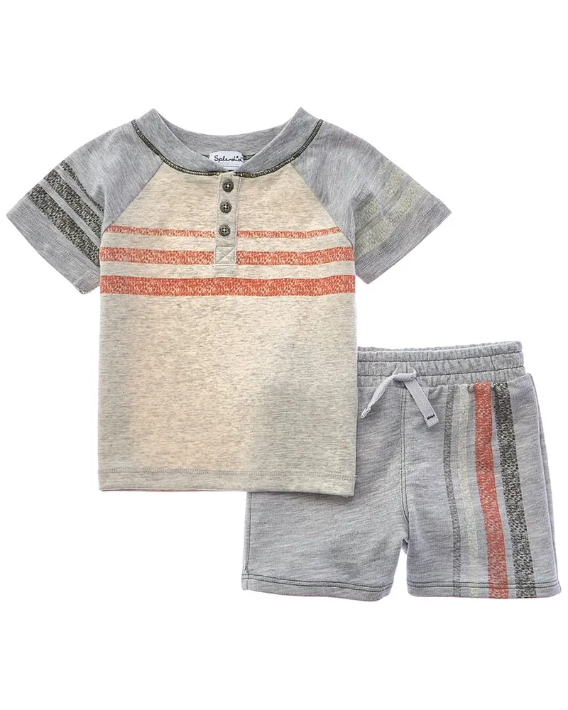 Splendid 2pc Striped Henley Shirt & Short Set Gray