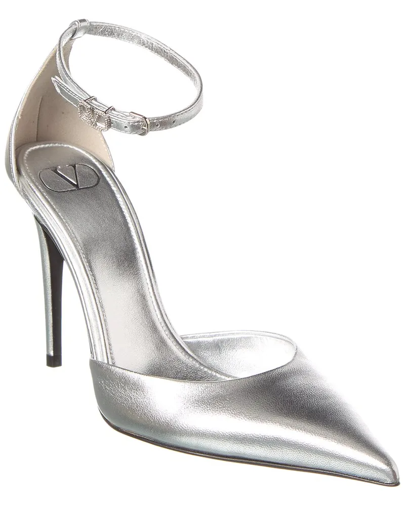 Valentino Garavani VLogo 100 Ankle Strap Leather Pump Silver