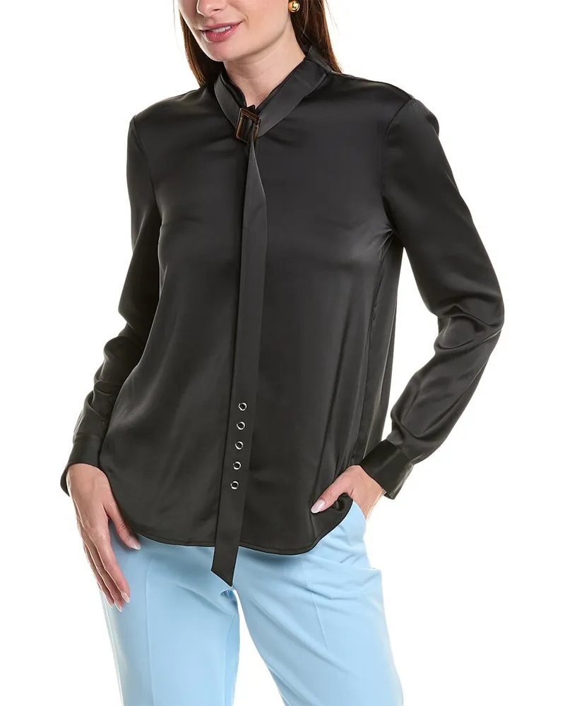 BCBGMAXAZRIA Belted Collar Satin Top Black