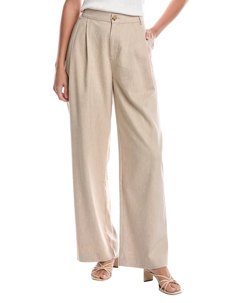 Central Park West Chandler Pleated Linen-Blend Wide Leg Pant Beige