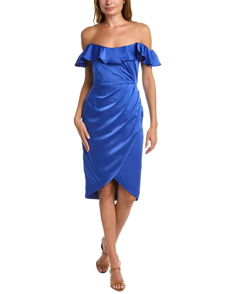 THEIA Off-The-Shoulder Satin Midi Dress Blue