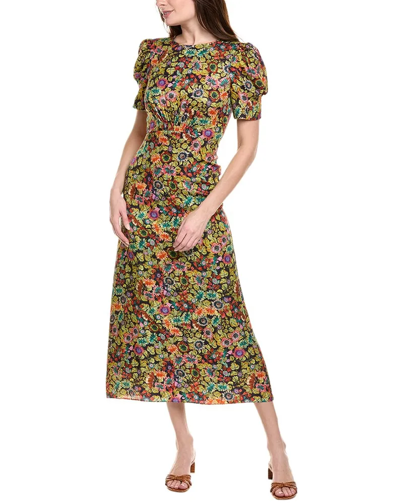 Saloni Dotty Stamped Satin Silk Midi Dress Black