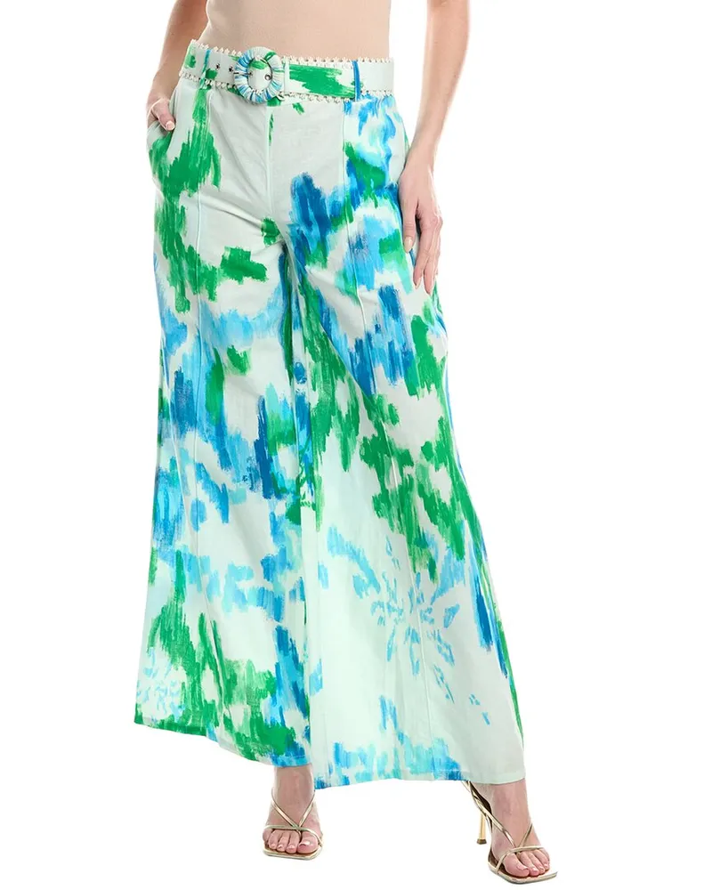 Hemant & Nandita Buckle Belt Linen-Blend Flared Pant Green