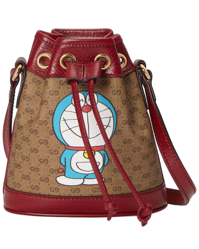 Gucci Doraemon Printed Coated Canvas & Leather Bucket Bag Brown