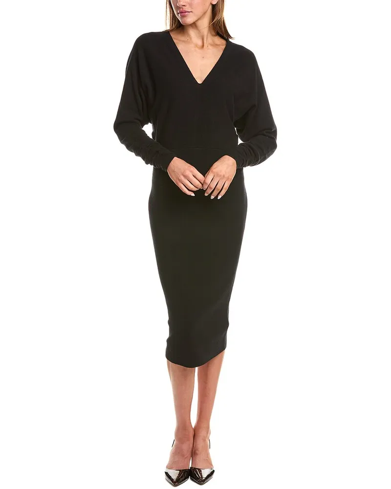 Reiss Jenna Wool & Cashmere-Blend Ruched Sleeve Knitted Bodycon Dress Black
