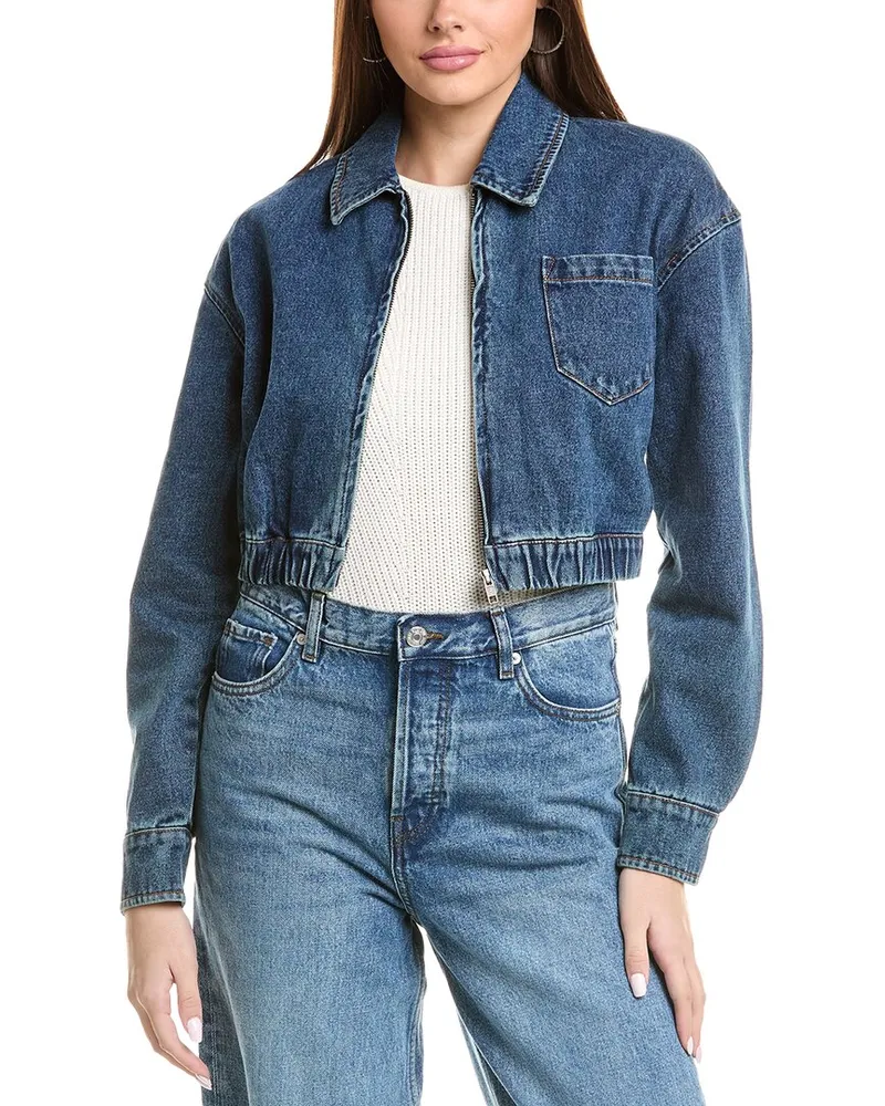 Bardot Cropped Bomber Denim Jacket Blue
