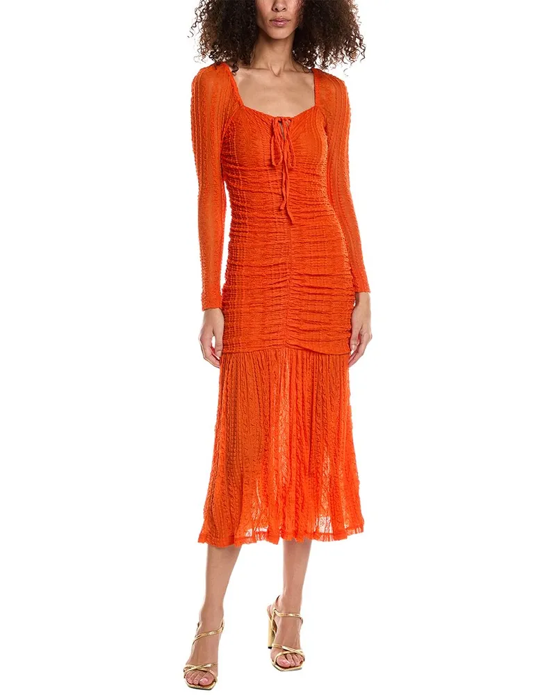 Ganni Stretch Lace Gathered Midi Dress Orange