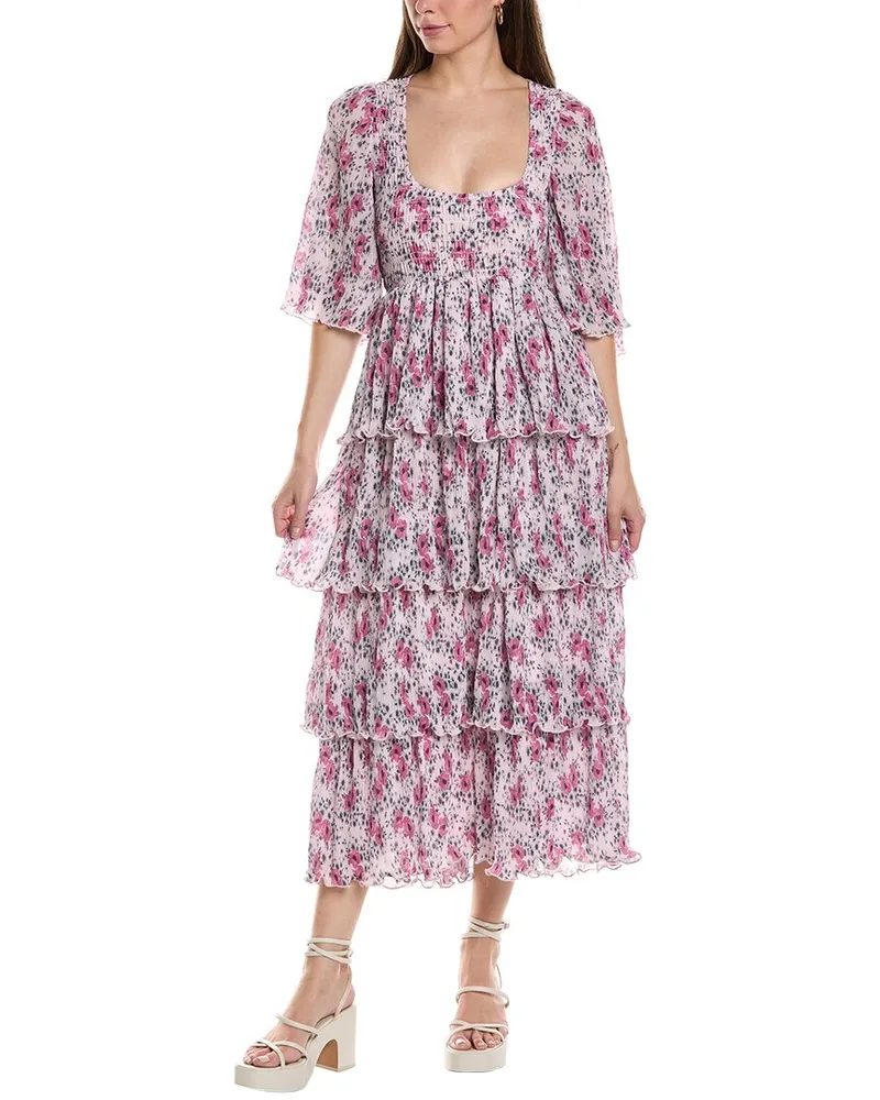 Ganni Pleated Georgette Flounce Smock Midi Dress Pink
