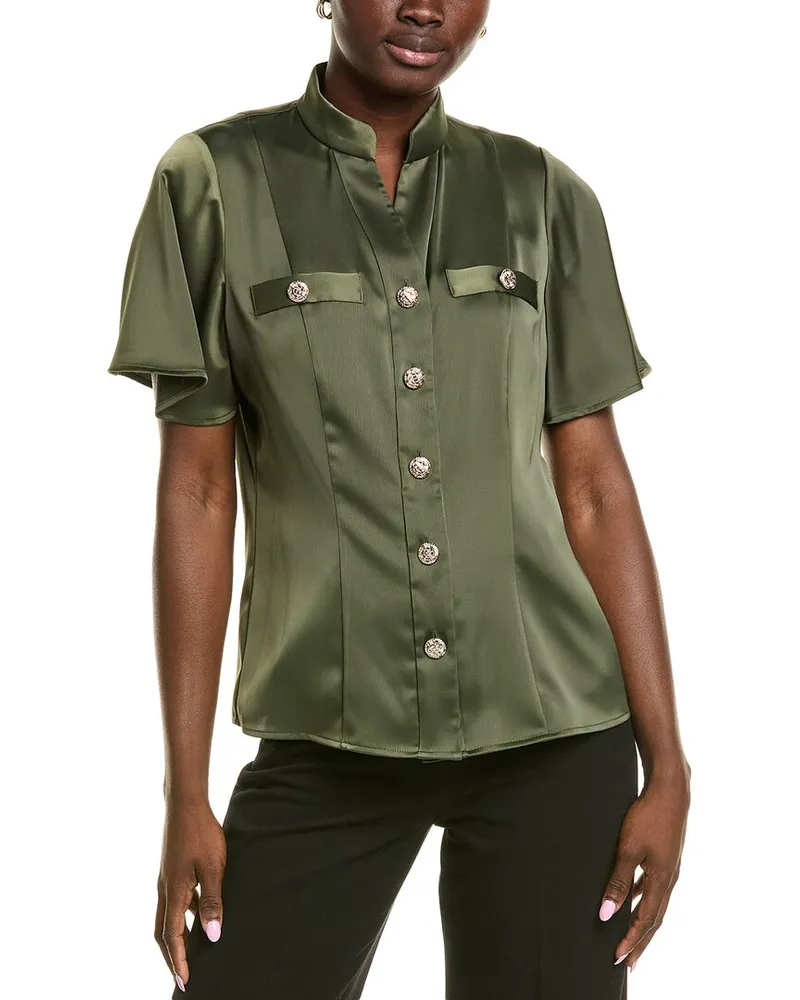 Anne Klein Satin Flutter Sleeve Blouse Green