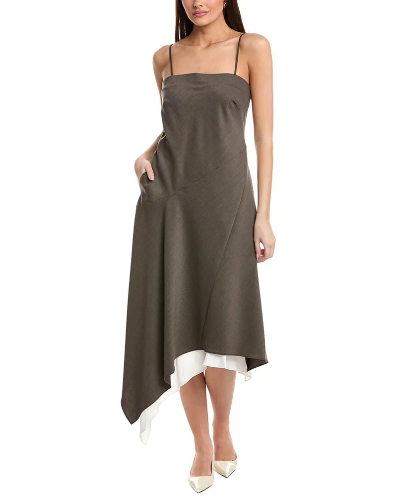 Helmut Lang Angled Hem Wool Midi Dress Brown