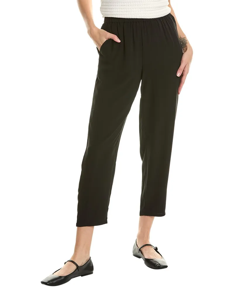Eileen Fisher Petite High Waisted Silk Tap Ankle Pant Black