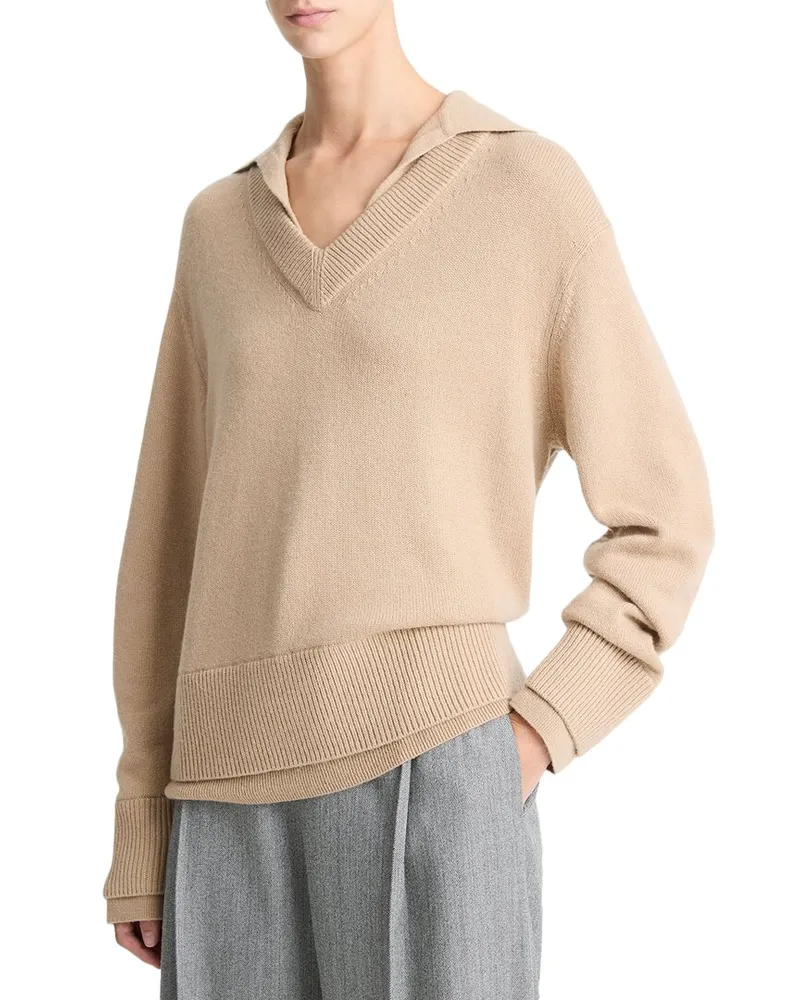 Vince Collared Double Layer Wool & Cashmere-Blend Pullover Brown