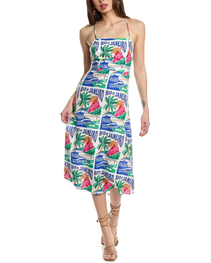 FARM Rio Carioca Posters Linen-Blend Midi Dress White