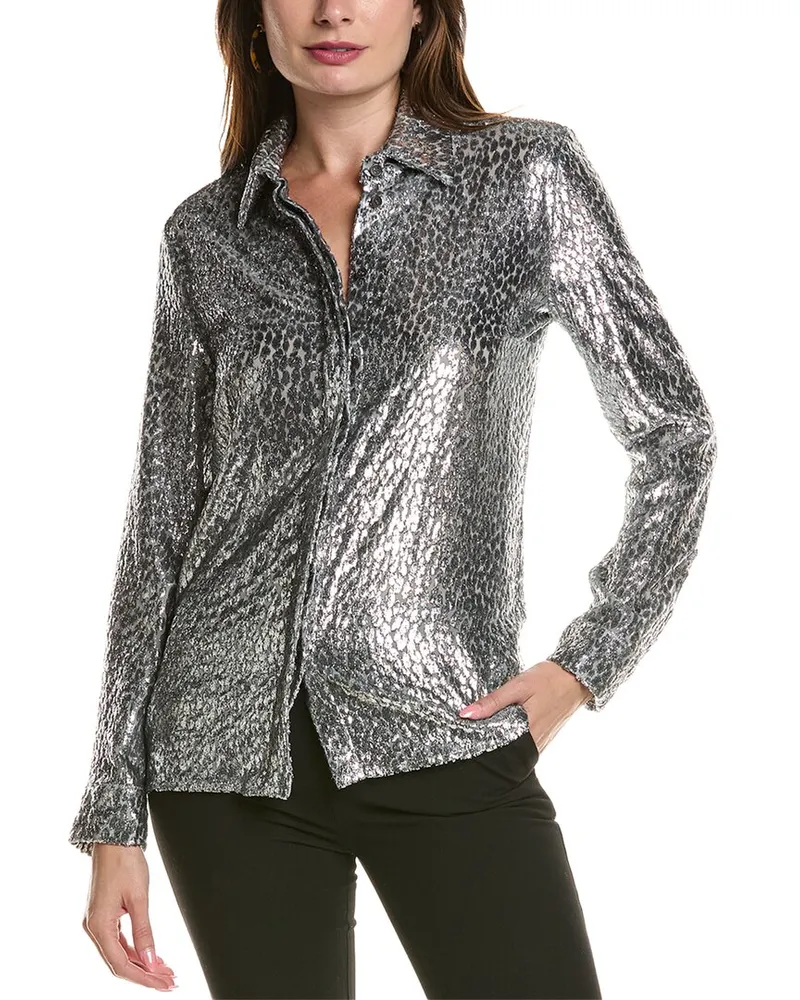 Michael Kors Cheetah Hansen Silk-Blend Top Silver