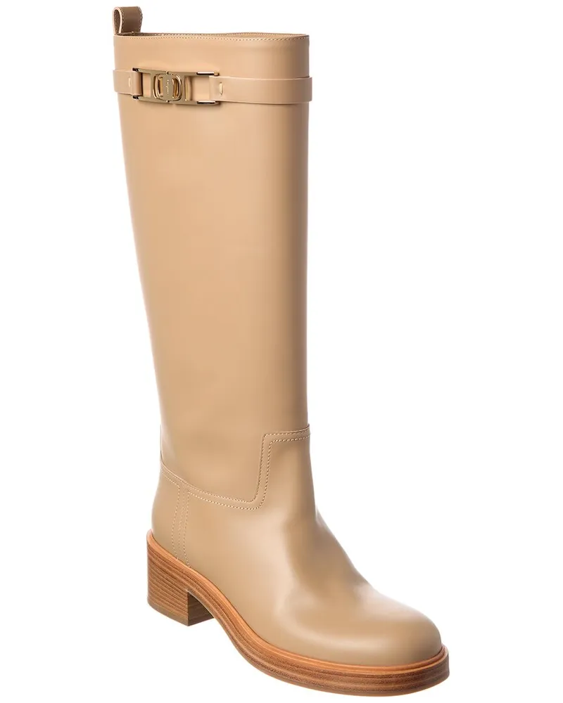 Ferragamo Vara Chain Leather Knee-High Boot Brown