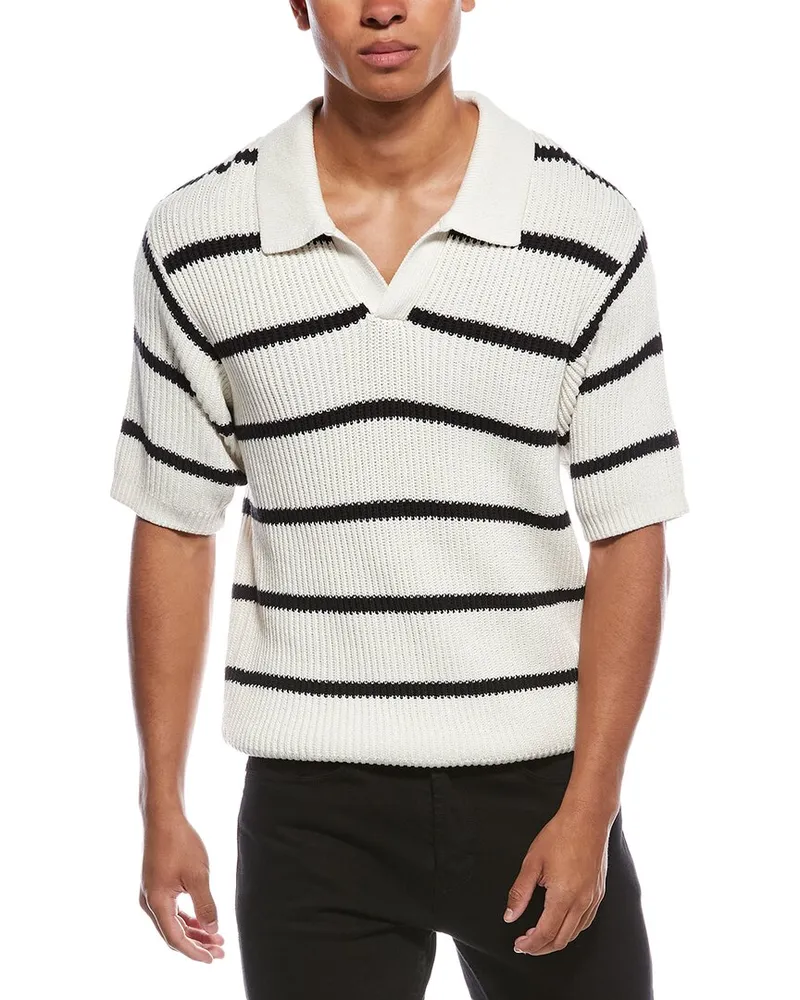 Frame Denim Striped Silk-Blend Polo Sweater Black