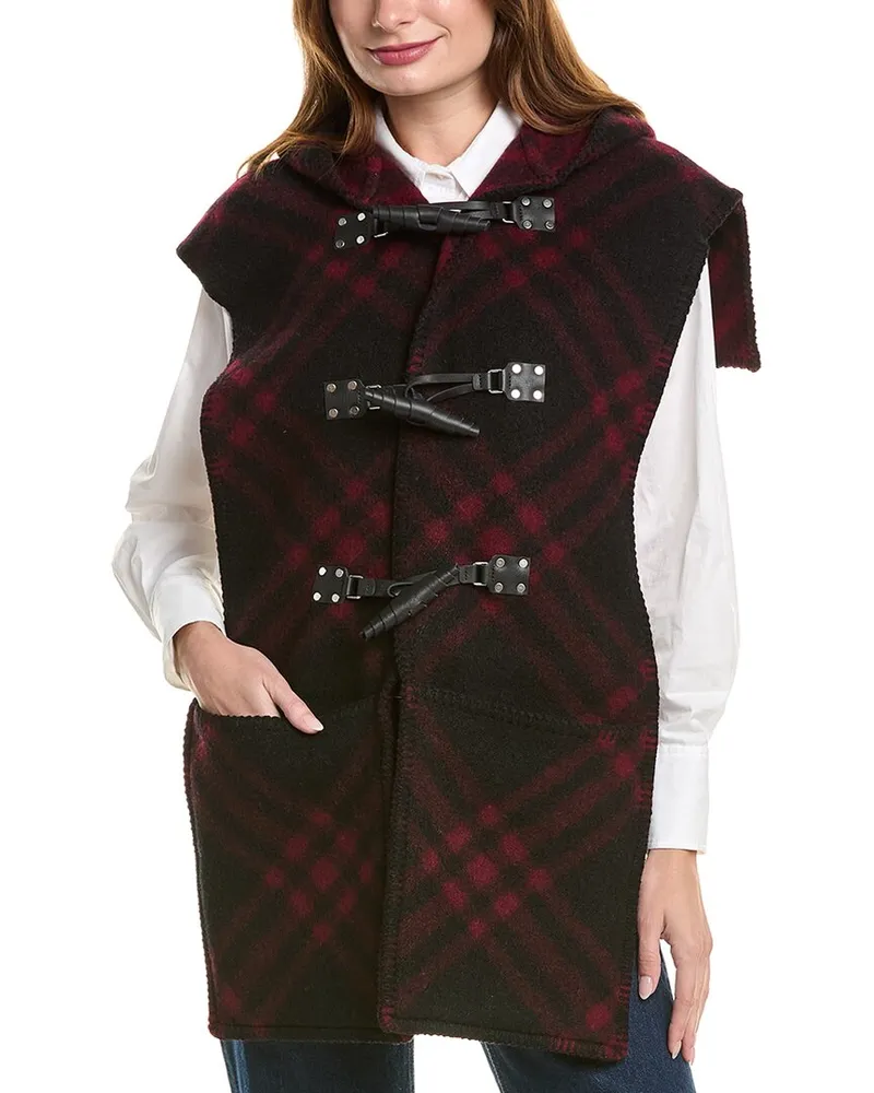 Burberry Check Wool & Leather Cape Red