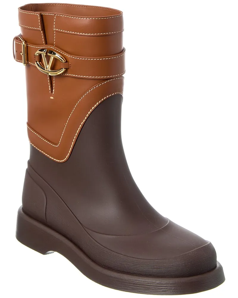 Valentino Garavani VLogo Rubber & Leather Rain Boot Brown