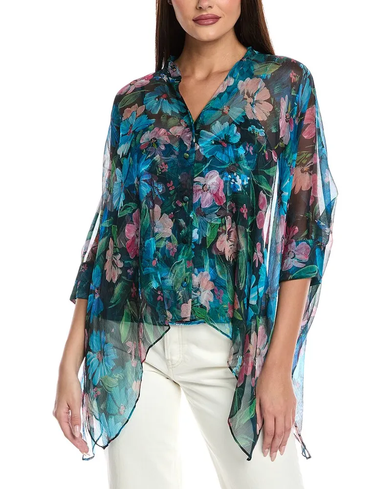 Johnny Was Petite Katia Oversized Silk Blouse Blue