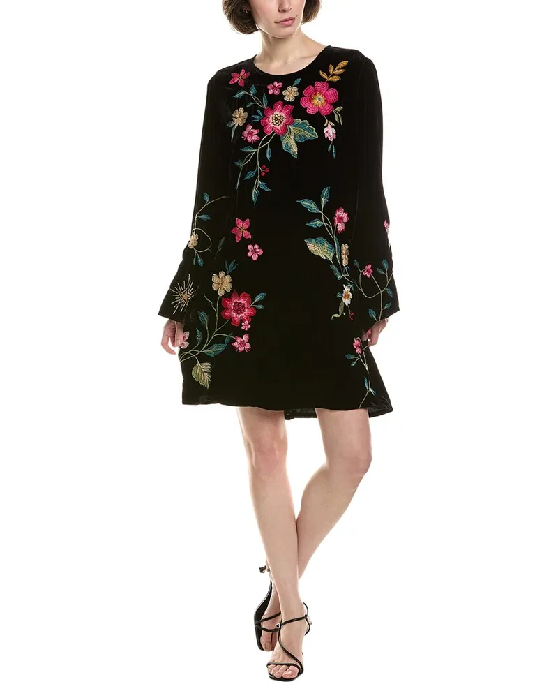 Johnny Was Kimono Sleeve Silk-Blend H Swing Dress Black