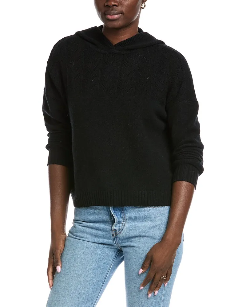 Autumn Cashmere Cropped Pointelle Yoke Cashmere Hoodie Black