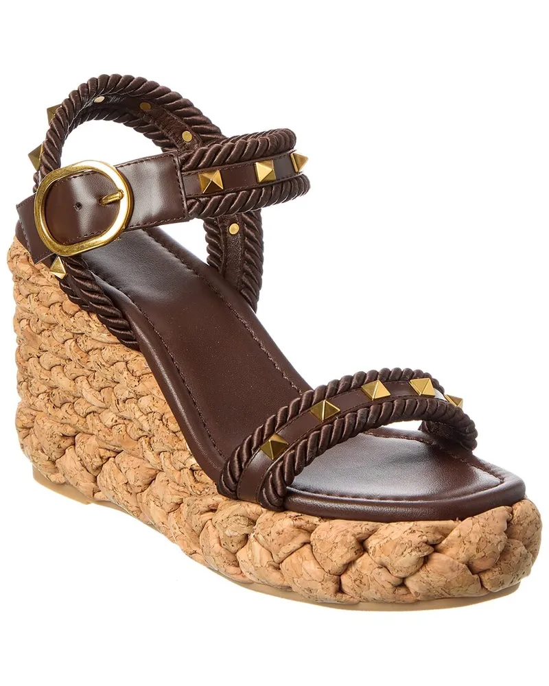 Valentino Garavani Rockstud 100 Leather Wedge Sandal Brown