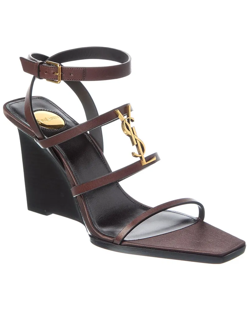 Saint Laurent Cassandra 90 Leather Wedge Sandal Brown