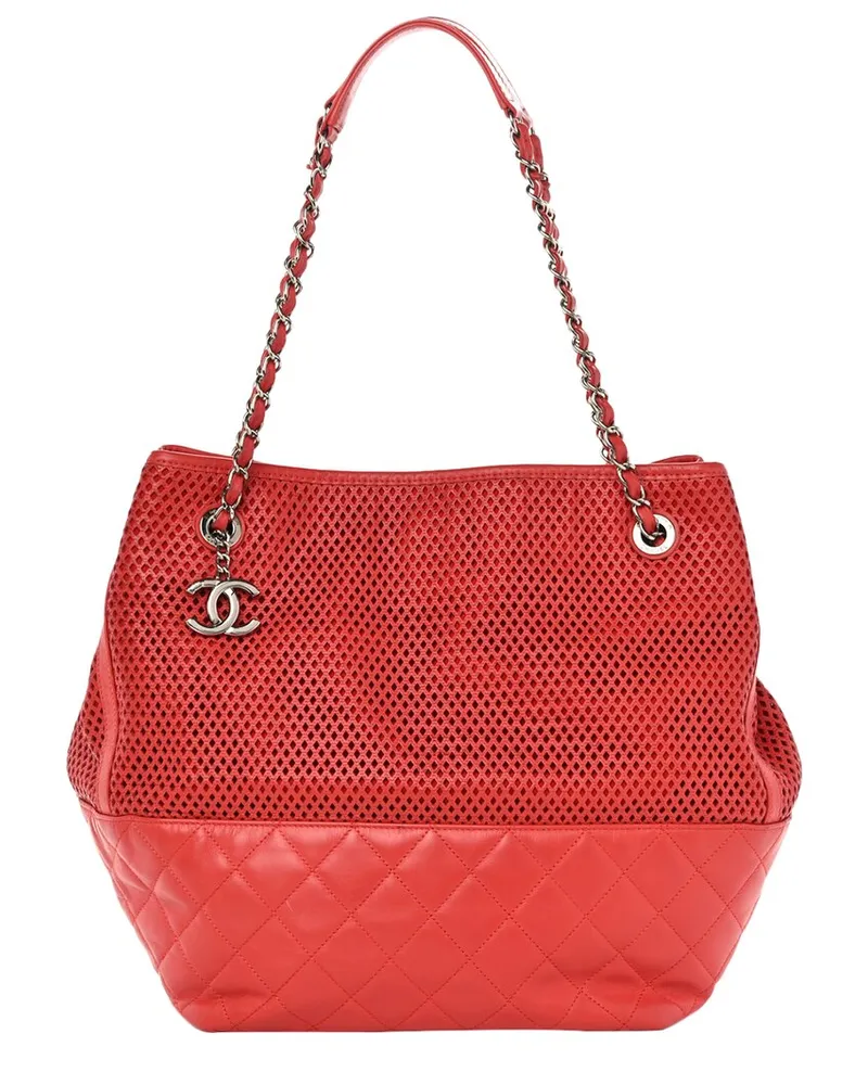 Chanel Red Calfskin Leather Perforated Up In The Air North South Tote  (Authentic Pre-Loved Nocolor