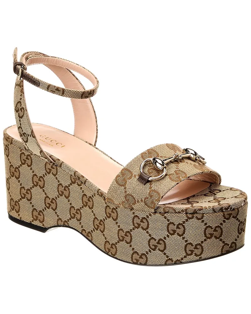 Gucci Horsebit GG Canvas Flatform Sandal Brown