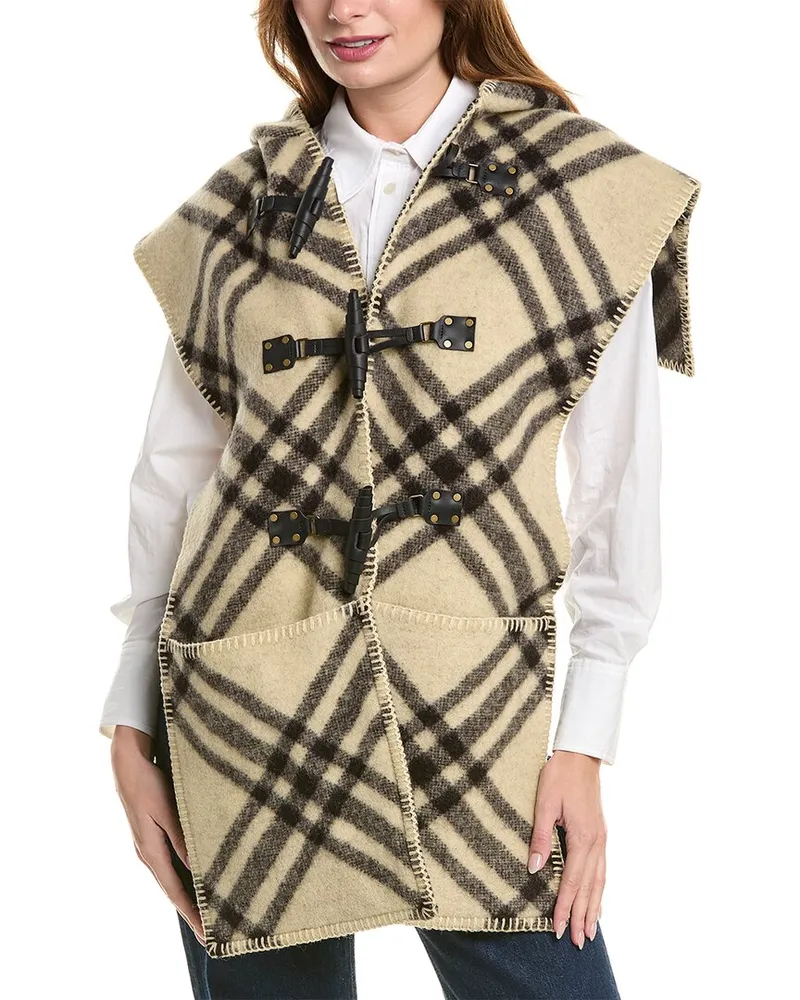 Burberry Check Wool & Leather Cape Brown