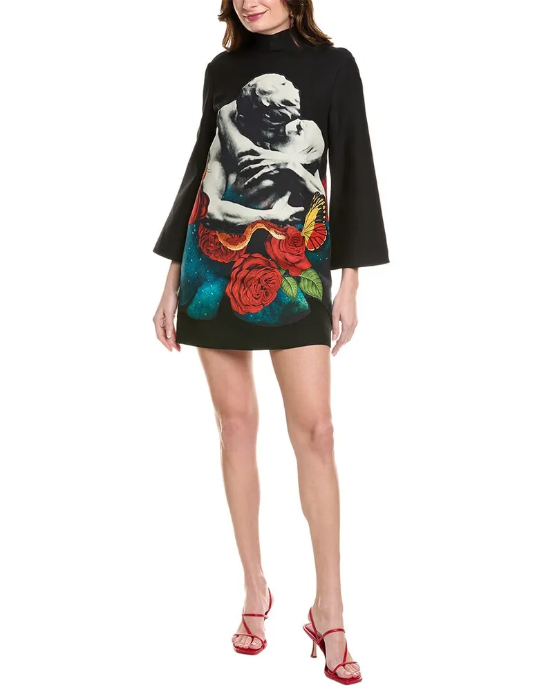 Valentino Garavani Lovers Print Wool & Silk-Blend Shift Dress Black