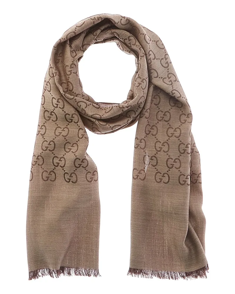 Gucci Logo Small Jacquard Wool & Silk-Blend Scarf Brown