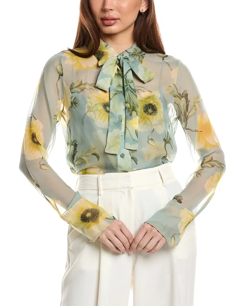 Oscar de la Renta Button Front Tie-Neck Silk Shirt Yellow