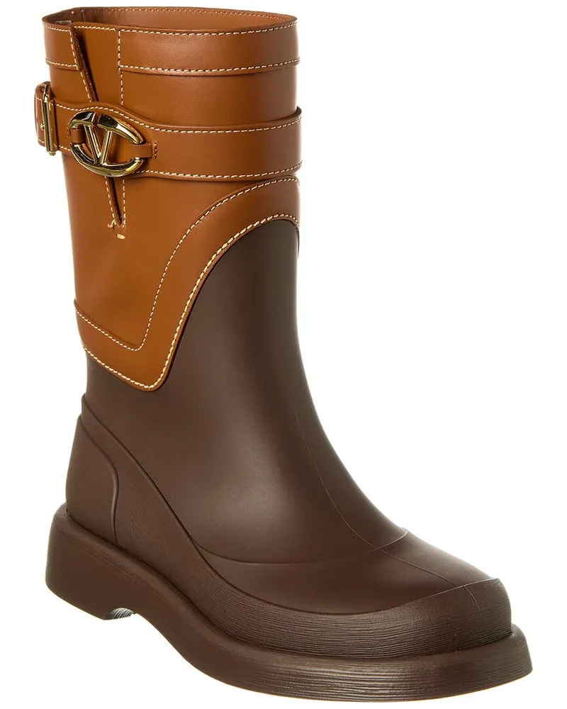 Valentino Garavani VLogo Rubber & Leather Rain Boot Brown