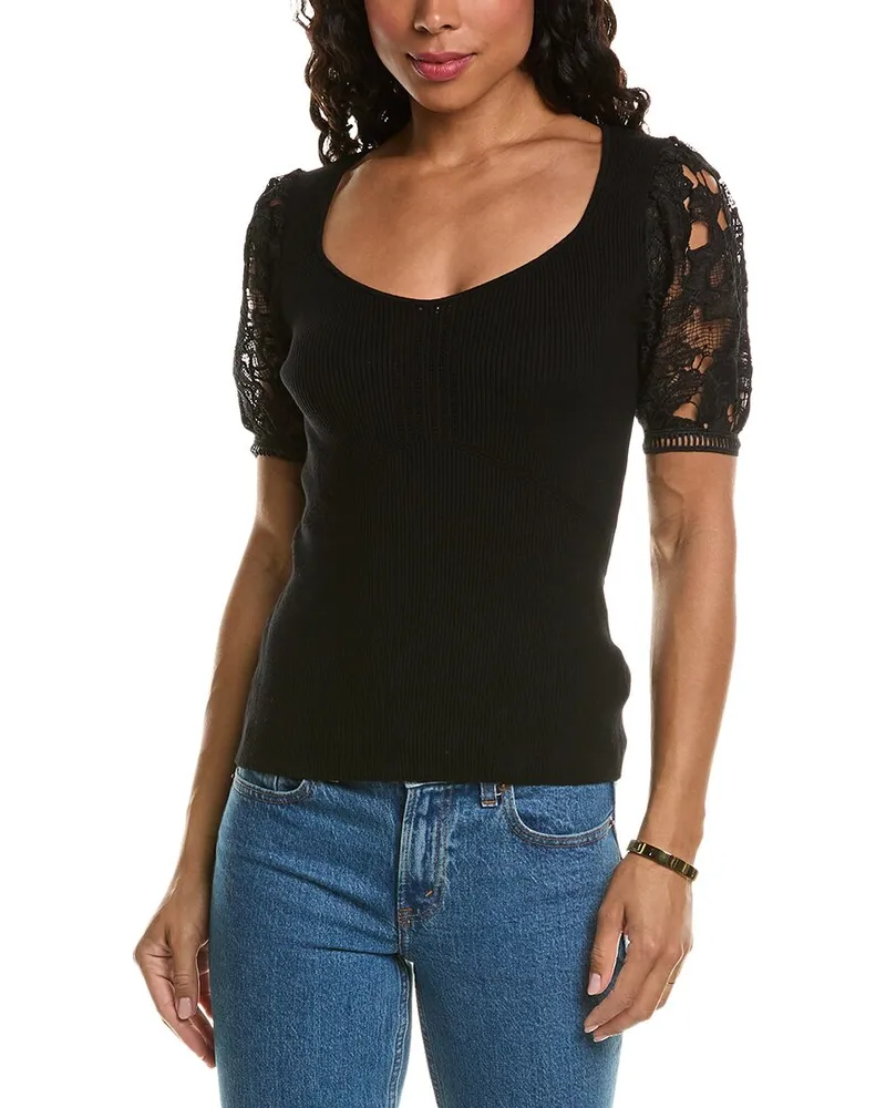 Elie Tahari Lace Sleeve Top Black