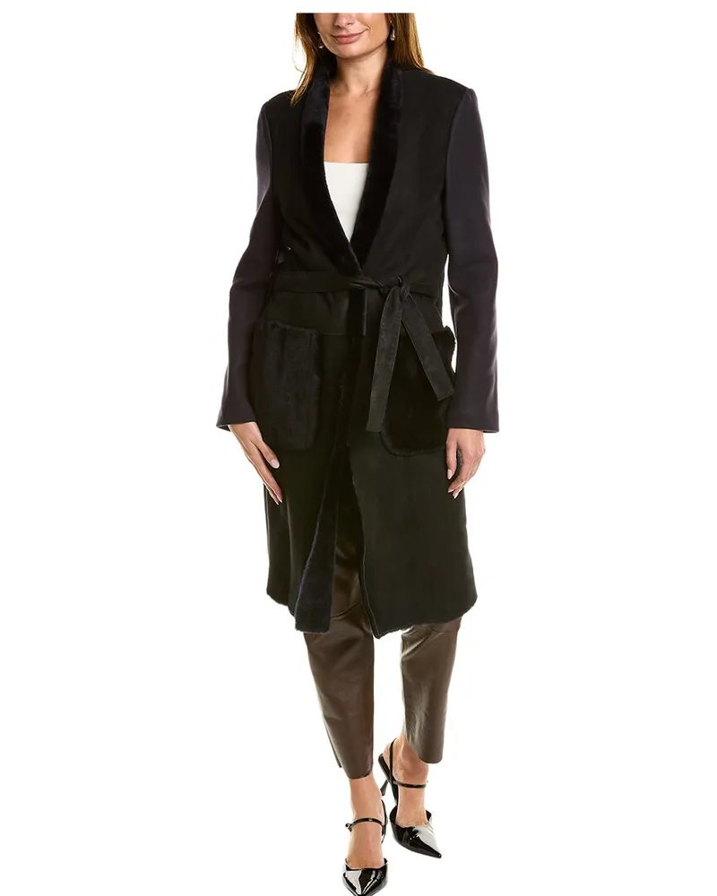 Piazza Sempione Leather-Trim Wool Coat Blue