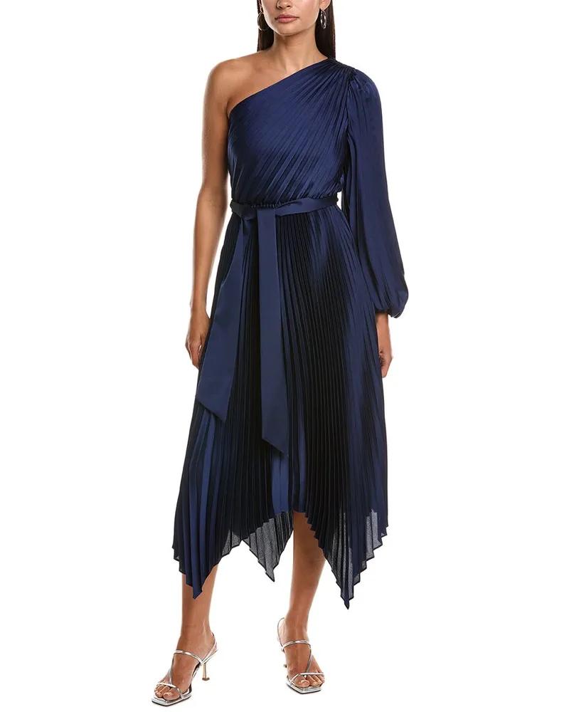 Milly Essi Solid Pleated One-Shoulder Maxi Dress Blue